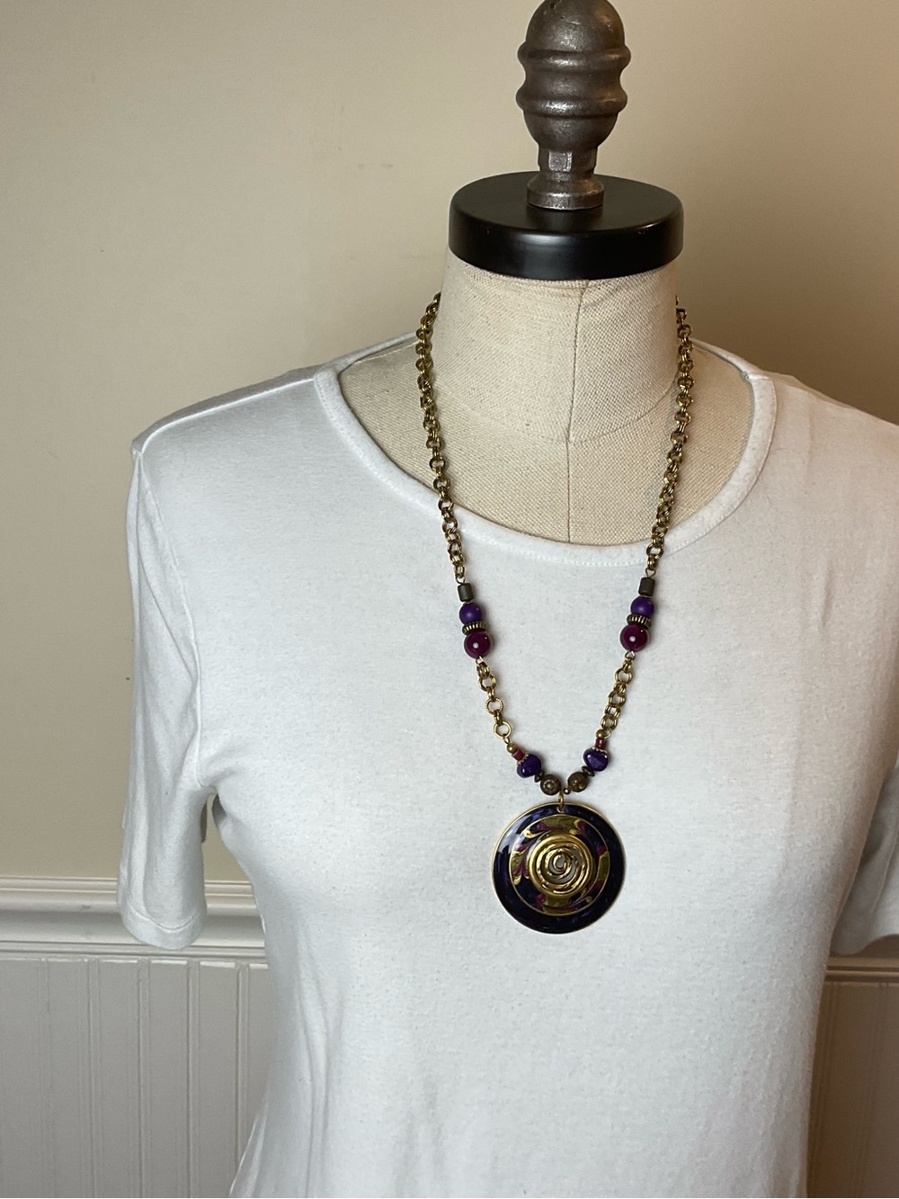 Gold-Tone Necklace with Purple Beads and Pendant